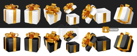 Illustration for Set of 3d realistic white and black satin gift boxes with luxury golden bow. Open and closed. Holiday design element for birthday, wedding, advertising banner of sale and other events. Vector - Royalty Free Image