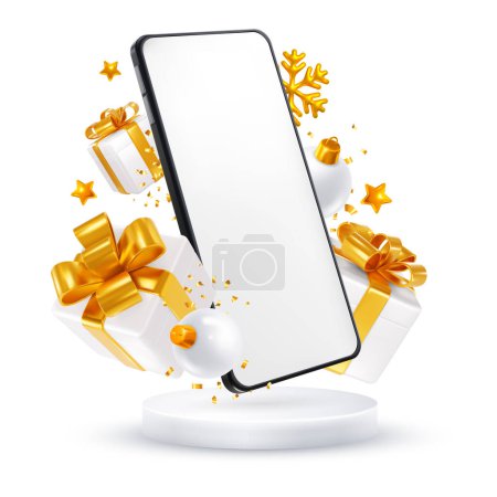 Photo for Advertising design for New year sale, white and gold luxury colors. Smartphone, 3d realistic gift boxes with gold bow, new year balls over the podium, place for text. Vector illustration - Royalty Free Image