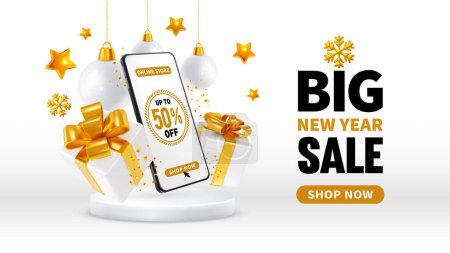 Illustration for Advertising banner template for New year sale, white and gold luxury colors. Online store in smartphone, 3d realistic gift boxes with gold bow, new year balls and place for text. Vector illustration - Royalty Free Image