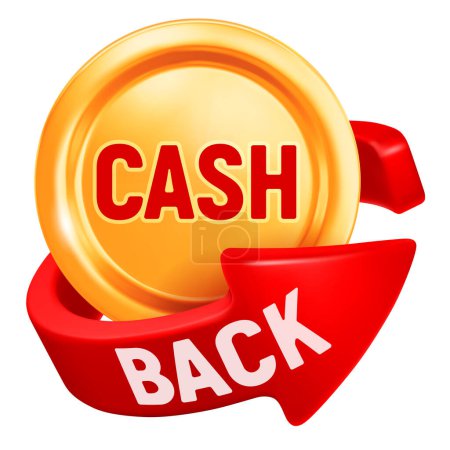 Illustration for Cash back sign, realistic 3d red arrow, which symbolizing the cash back of money, swirling around  gold coin. Vector conceptual illustration - Royalty Free Image