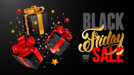 Illustration for Black Friday Sale banner template. Lettering and 3d realistic black satin luxury gift boxes with bow flying with tinsel and stars on background. Bargain shopping concept. Vector illustration - Royalty Free Image