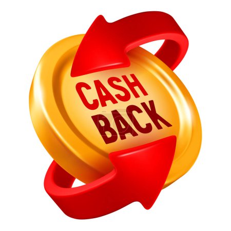 Téléchargez les illustrations : Cash back signe, réalistes flèches rouges 3d qui symbolisent le cash back de l'argent, tourbillonnant autour de la pièce d'or. Illustration conceptuelle vectorielle - en licence libre de droit