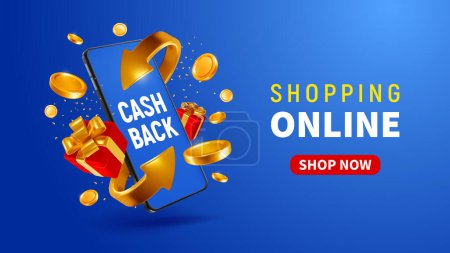 Photo for Cash back from shopping online, banner template, realistic 3d golden arrows, which symbolizing the money refund, swirling around smartphone, gold coins and gifts. Vector conceptual illustration - Royalty Free Image