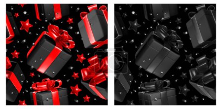 Illustration for Black Friday Sale concept backgrounds. Luxury seamless patterns with 3d realistic black satin gift boxes with glossy black and red ribbon and bow flying with sequins and stars. Vector illustration - Royalty Free Image