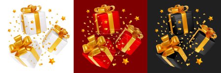 Photo for 3d realistic white, red, black satin luxury gift boxes with golden ribbon and bow flying with gold tinsel and stars. Holiday, celebration concept. Vector illustration - Royalty Free Image