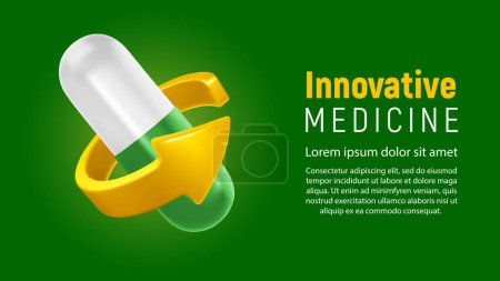 Photo for Green white medical capsule pill and round arrow around. Banner on innovative medicine or innovation and developments in drugs sphere, with 3d realistic capsules. Science concept. Vector illustration - Royalty Free Image