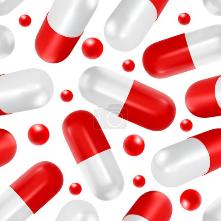 Photo for Seamless pattern with red white medical capsule pills. Background on pharmaceutical theme with 3d realistic capsules, front and perspective view. Vector illustration - Royalty Free Image