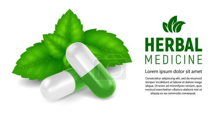 Photo for Green white medical capsule pills and medicinal plant leaves. Background on herbal medicine or homeopathy theme with 3d realistic capsules. Phytotherapy concept. Vector illustration - Royalty Free Image