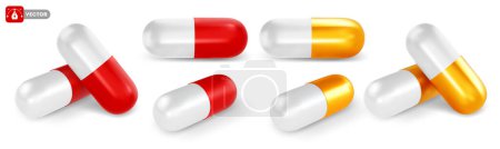 Ilustración de Cápsula médica roja blanca y dorada. 3d realista, conjunto de cápsulas farmacéuticas, vista frontal y perspectiva, aislado. Ilustración vectorial - Imagen libre de derechos
