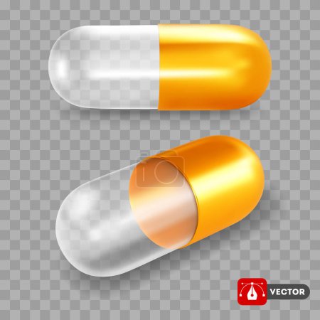 Photo for Golden and transparent empty medical capsule pill. 3d realistic, pharmaceutical capsule, front and perspective view, isolated. Vector illustration - Royalty Free Image