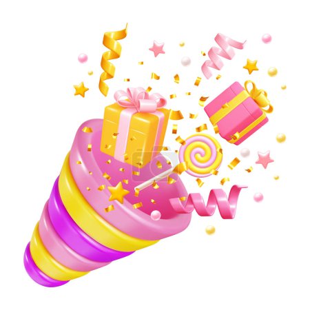Photo for Pink party popper. Confetti ang gift boxes popping from firework with explosion. Bright 3d realistic design element for birthday celebration, holiday greeting, victory concept. Vector illustration - Royalty Free Image