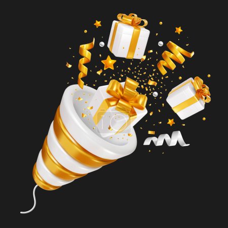 Photo for Golden and white party popper. Confetti and gift boxes popping from firework with explosion. Luxury 3d realistic design element for birthday celebration, holiday greeting, victory concept. Vector - Royalty Free Image