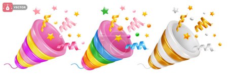 Photo for Party poppers set. Colored confetti popping from firework with explosion. Bright 3d realistic design elements for birthday celebration, holiday greeting, victory concept, isolated. Vector illustration - Royalty Free Image