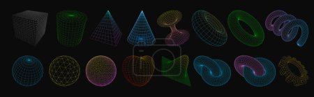 Photo for Collection of wireframe lowpoly 3d geometric shapes, Platonic solids. Surreal linear figures. Retro futuristic, cyberpunk, psychedelic style design elements set. Perspective view. Vector illustration - Royalty Free Image