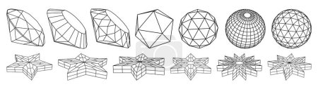 Illustration for Collection of wireframe lowpoly 3d geometric shapes, diamond, gemstone, stars, spheres. Surreal linear figures. Retro futuristic, cyberpunk, psychedelic style. Perspective view. Vector illustration - Royalty Free Image