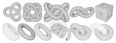 Photo for Collection of wireframe lowpoly 3d geometric shapes, torus knots. Surreal linear figures. Techno futuristic, science, cyberpunk, style design elements set. Perspective view. Vector illustration - Royalty Free Image