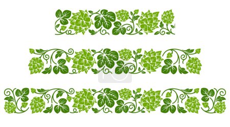 Photo for Set of border with patterns of hop plant or malt, ripe hops cones, branches and leaves. Seamless pattern, decoration and ornament with corner elements. Vector illustration - Royalty Free Image