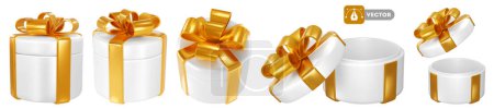 Photo for Set of 3d realistic white satin gift boxes in circle shape with luxury golden bow. Open and closed. Holiday design element for birthday, wedding, advertising banner of sale and other events. Vector - Royalty Free Image