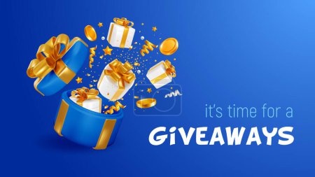 Photo for Giveaway, sale or win, conceptual advertising luxury banner template. 3d realistic open gift box, gifts, coins and confetti fly out from it, like explosion on blue background. Vector illustration - Royalty Free Image