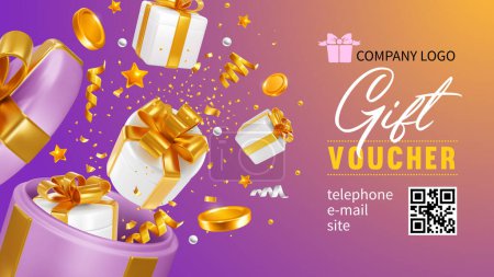 Illustration for Giveaway, sale or win, conceptual gift voucher template. 3d realistic open gift box, gifts, coins and confetti fly out from it, like explosion on pink background. Vector illustration - Royalty Free Image