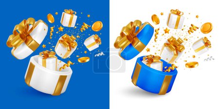 Photo for Giveaway, sale or win, birthday celebration concept. 3d realistic open gift box, gifts, coins and confetti fly out from it, like explosion, isolated on blue and white background. Vector illustration - Royalty Free Image