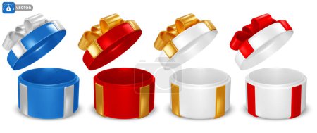 Photo for Set of 3d realistic circle open gift boxes with luxury bow. Holiday design element for birthday, wedding, advertising banner of sale and other events. Vector illustration - Royalty Free Image