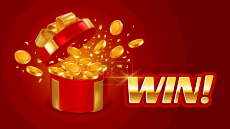 Photo for Open red gift box with golden bow and gold coins explosion. Big win concept. Vector illustration - Royalty Free Image