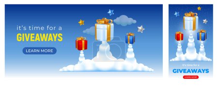 Illustration for Gift boxes launch. Look like rockets. Start of sale or giveaway conceptual banner templates set. Vector illustration - Royalty Free Image