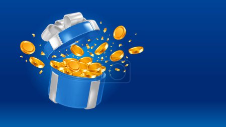 Photo for Open blue gift box with silver bow and gold coins explosion. Big win concept. Vector illustration - Royalty Free Image