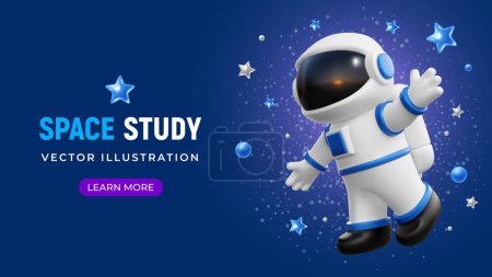 Photo for Astronaut in white blue space suit with helmet. Flies among the planets and stars on blue sky background. Space exploring concept. 3d realistic cartoon funny character. Vector illustration - Royalty Free Image
