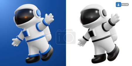 Photo for Astronaut in white blue and white black space suit with helmet. Shows a welcoming gesture with his hand. 3d realistic cartoon funny characters set. Vector illustration - Royalty Free Image