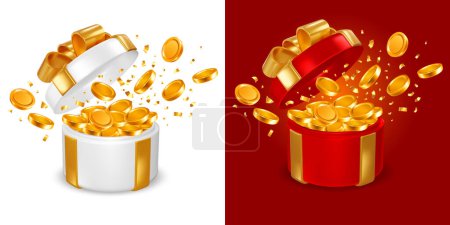 Ilustración de Abrir rojo y blanco 3d cajas de regalo conjunto con arco de oro y monedas de oro explosión. Aislado sobre fondo blanco y rojo. Gran concepto de ganar. Ilustración vectorial - Imagen libre de derechos