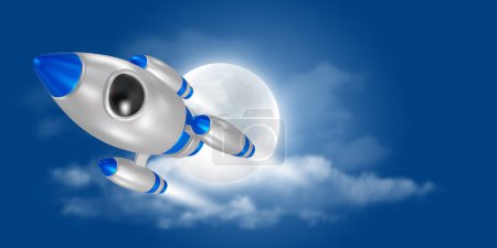 Photo for 3d realistic Rocket or spaceship flies in space, moon and clouds on background. Start up, launch new project, business challenge or achievement concept. Vector illustration. - Royalty Free Image