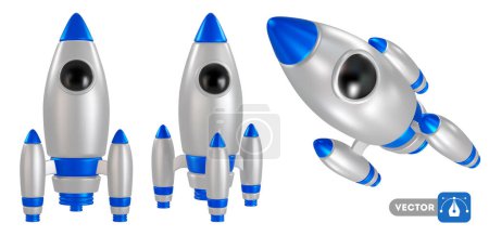 Photo for 3d realistic Rocket, spaceship set, grey, silver and blue colored, from different angles, isolated on white background. Start up, launch new project, business achievement concept. Vector illustration - Royalty Free Image