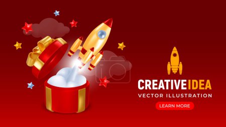 Photo for 3d realistic Rocket or spaceship taking off from open gift box with white smoke on red background. Start up, launch new project, business challenge, achievement or surprise concept. Vector illustration - Royalty Free Image