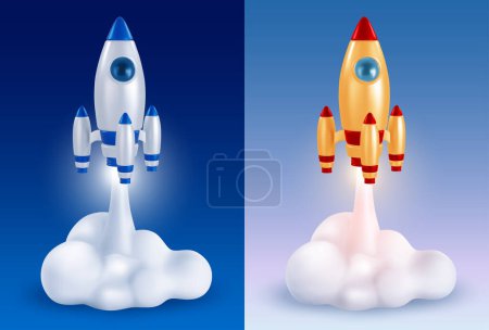 Photo for 3d realistic Rocket or spaceship, blue or yellow red colored, launch with smoke isolated on blue background. Start up new project, business challenge or achievement concept. Vector illustration. - Royalty Free Image