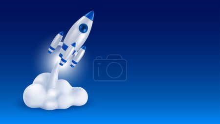 Photo for 3d realistic Rocket or spaceship launch with white smoke on blue background. Start up, launch new project, business challenge or achievement concept. Vector illustration - Royalty Free Image