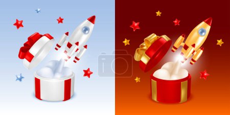 Photo for 3d realistic Rocket or spaceship taking off from open gift box isolated on red and blue background. Start up, launch new project, business achievement or surprise concept. Vector illustration - Royalty Free Image