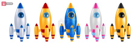 Photo for 3d realistic Rocket, spaceship set, various colors, isolated on white background. Start up, launch new project, business achievement concept. Vector illustration - Royalty Free Image