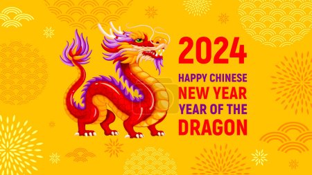 Photo for Greeting card, banner design for Chinese New Year 2024 with cartoon Dragon, zodiac symbol of 2024 year, numbers, traditional patterns and text on yellow background. Vector illustration - Royalty Free Image