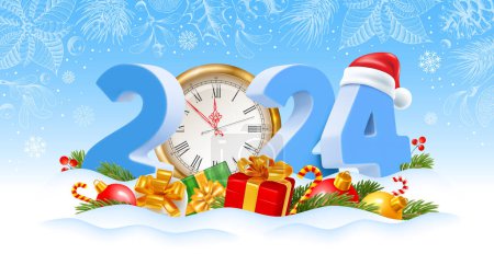 Photo for 3d numbers 2024, gold clock, gifts, fir branches, Christmas tree toys in the snow. Santa hat on the number 4. Decor of winter plants on background. New Year celebration design. Vector illustration - Royalty Free Image
