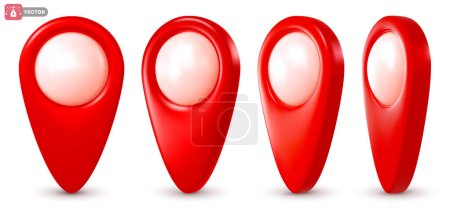 Photo for 3d realistic location pins for mark map points. Red geolocation markers for navigation apps. Placemark icons set, cartography and traveller symbols. View from various angles. Vector illustration - Royalty Free Image