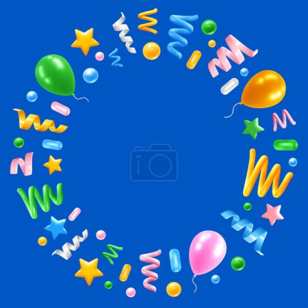 Illustration for Holiday round frame of green, yellow, white, pink and blue confetti and balloons. 3D realistic Festive tinsel in various shapes, star, serpentine, bead, spiral on blue background. Vector illustration - Royalty Free Image