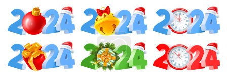Photo for Set of new year creative designs with 3d realistic isolated numbers 2024 in blue, red and green colors, with gift, clock, fir tree toy. Santa hat slip on the number 4. Vector illustration - Royalty Free Image