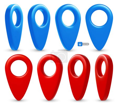 Illustration for 3d realistic vector location pins for mark map points. Red and blue geolocation markers for navigation apps. Placemark icons set, cartography and traveller symbols. View from various angles - Royalty Free Image