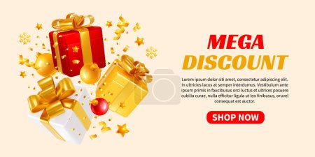 Illustration for 3D realistic red, gold, white gift boxes with balls, tinsel on light background. Advertising banner template of Christmas and New Year sale, giveaways, shopping with mega discount. Vector illustration - Royalty Free Image
