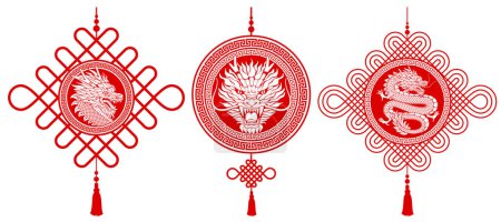 Ilustración de Conjunto de nudos chinos con borla, que utilizan en la celebración del año nuevo lunar, para la buena suerte y la fortuna. Con dibujos de siluetas de dragón, símbolo de 2024 Año Nuevo Chino. Ilustración vectorial - Imagen libre de derechos