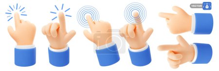 Illustration for Set of 3d realistic icon of hand which touch surface or screen, click the button or points to something with the index finger. Touchscreen gesture. Isolated Vector illustration - Royalty Free Image