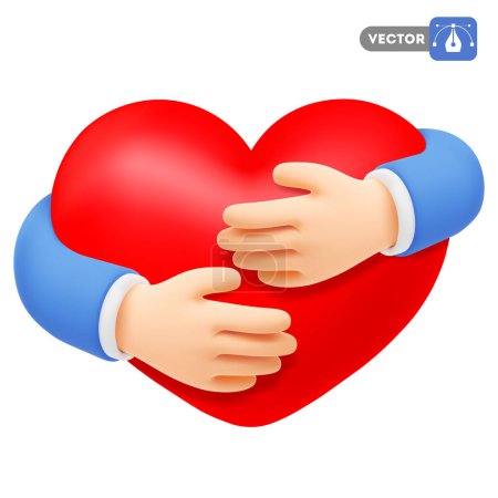 Illustration for Cute cartoon realistic hands hugging large red heart. 3d icon, isolated on white background. Concept of love, Valentines Day celebration, health care or charity. Vector illustration - Royalty Free Image