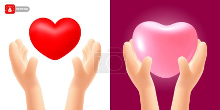 Ilustración de Conjunto de lindo 3d dibujos animados manos realistas sosteniendo corazón rojo o rosa. Aislado sobre fondo blanco y rojo. Concepto de amor, celebración del Día de San Valentín, cuidado de la salud o caridad. Ilustración vectorial - Imagen libre de derechos